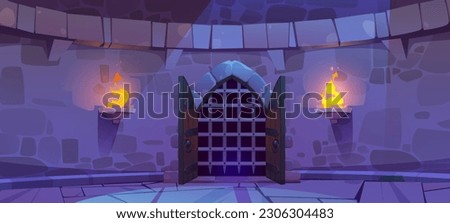 Medieval castle dungeon stone wall game cartoon vector background. Dark ancient underground magic cave with prison gate and window with falling moonlight. Jail in kingdom basement with doorway