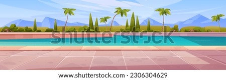 Cartoon swimming pool with mountains on horizon. Vector illustration of hotel backyard area with recreation poolside lounge zone surrounded by green bushes, palm trees and flowers. Summer vacation