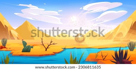 Desert river landscape with tumbleweed ball vector cartoon background. Oasis with lake water in dry african Sahara illustration with flying tumble weed roll with dust particles near green cactus.