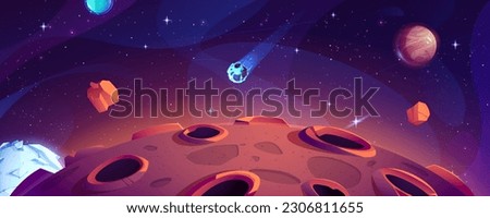 Galaxy background with planet, stars and meteor in outer space. Alien planet or moon landscape with craters and comet flying in night sky, vector cartoon illustration