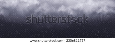 Storm rainy weather effect. Rain with falling water drops and white clouds isolated on transparent background. Cloudy texture with autumn shower, vector realistic illustration