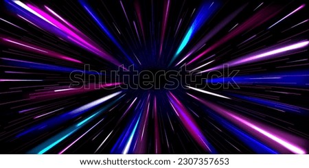 Abstract neon blue and purple light traces. Vector realistic illustration of hyperspace jump into black hole through vibrant tunnel, fast speed motion effect, teleportation through space galaxy