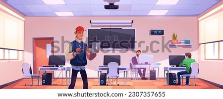 School computer education class room with teacher and student vector background illustration. College digital classroom with desk, chair, pc, blackboard screen and projector for study and training