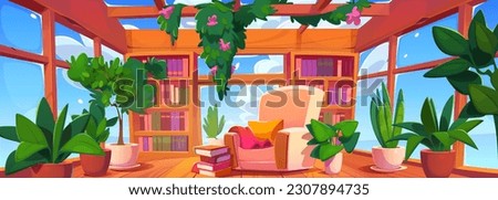 Empty glass living room or library interior with armchair and window in ceiling cartoon background. Stack of book on wooden floor near plant with flower in building balcony. Sunny hotel apartment