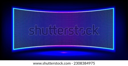 Realistic concave LED screen on wall or stage. Vector illustration of large TV display with glowing neon blue, purple dot lights on black background. Digital score panel with diode lamps for stadium