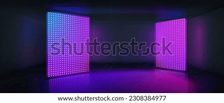 Realistic dark room with shining LED screens. Vector illustration of large LCD TV panels with neon color dot lamps glowing in darkness. Night club, modern art studio, stage interior with light boards