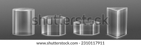 Realistic set of 3D transparent platforms isolated on background. Vector illustration of triangle, cylinder, hexagon pedestal mockups, stands for cosmetic product presentation award, empty containers