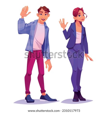 People waving hand. Man and woman characters say Hello with greeting gesture. Happy young male and female persons raising arm, vector cartoon illustration isolated on white background