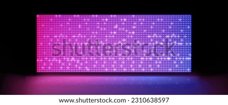 Realistic LED screen on stage. Vector illustration of large LCD display with glowing neon blue and pink dot lights isolated on black background. Concert hall, modern theater, night club decoration