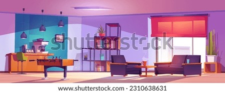 Office breakout room cartoon vector design. Lounge break zone creative interior for young community in coworking background. Modern clinic relax and recreation space with armchair, football and sofa.