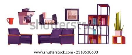 Work office breakout zone design vector cartoon set. Break room with lounge isolated furniture illustration for coworking or clinic. Corporate rest space for young community with coffee machine
