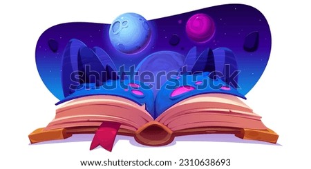 Open book with fantasy space landscape on pages isolated on white. Vector cartoon illustration of storybook about alien planet surface, meteorites flying in night sky, cosmic adventure. Reading hobby