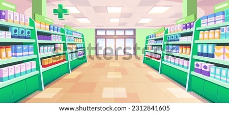 Medical pharmacy shop interior vector illustration. Drug store cartoon shelves with medicine product in hospital. Pharmaceutical aisle merchandise retail vitamins packaging showcase with nobody