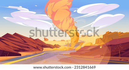 Sand tornado whirlwind in desert sky cartoon vector background. Sandstorm cyclone with dust weather phenomenon landscape design. Hurricane speed nature wilderness illustration in dry arizona valley