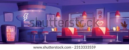 Night restaurant interior for diner cartoon vector. Neon lightning in empty american fast food cafe store background scene. Canteen counter near refrigerator with bottle. Ketchup and mustard on table