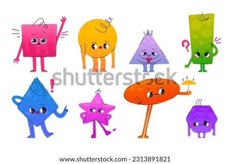 Cute math figures, geometric shapes characters with faces. Abstract triangle, square, circle, star and hexagon with different emotions, vector cartoon set isolated on white background