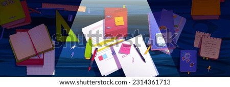 School student desk top view with homework study and education stationery. Cartoon workspace with book, pen, exercise paper, marker and sticky note sheet equipment creative space for kids design.