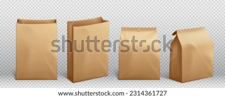 Realistic set of brown paper bag isolated on transparent background. Vector illustration of open and closed craft package mockup for takeaway food, lunch meal, coffee or tea, sweets, snack packaging