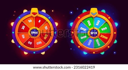 Ui game lucky wheel fortune spin for win prize vector design. Free gift turn fortuna and luck. Blue mobile lottery with sparkle and twinkle glow collection. Vegas leisure jackpot element to play set