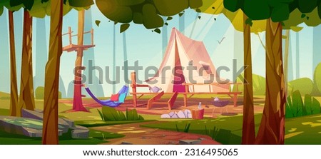 Camp with tent in summer forest. Glamping with bbq grill, hammock and tent on wooden terrace. Woods landscape with picnic site, trees and grass, vector cartoon illustration