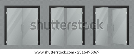 Store glass door entrance and window vector mockup. Isolated 3d double closed big storefront facade with black frame and steel handle for supermarket building in mall on transparent background.