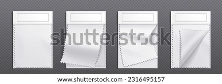 Mockup of fabric swatches, textile samples. 3d template of blank cards with pieces of white cloth with zigzag edges isolated on transparent background, vector realistic set