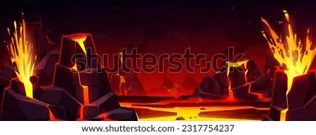 Volcano lava burst cartoon hell vector background. Fantasy hot volcanic magma eruption and exploding with smoke infernal wallpaper. Dark apocalypse scene with molten fire and burning splash flow