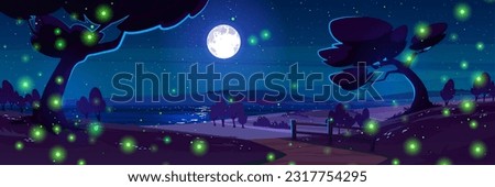 Night landscape with moon in starry sky and fireflies cartoon vector background scene. Nighttime beach illustration with path to sea and skyline. Romantic moonlight reflection in dark ocean horizon