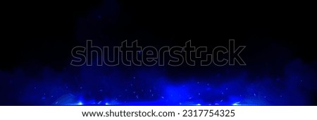 Blue fire overlay with spark ember flame and smoke realistic background. Flying light ice energy particle. Neon burnt steam texture. 3d twinkle shine of cold powder in air panoramic vector witchcraft