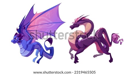 Magic fantasy dragon set for fairy tale game cartoon illustration. Isolated fly monster character clipart asset with wings in blue and purple. Ancient mythical dinosaur drawing collection