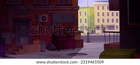 Old city alley street cartoon vector background. Trash and building brick wall in shadow of cityscape apartment facade illustration. Dirty urban nyc alleyway with dumpster near empty road game scene.