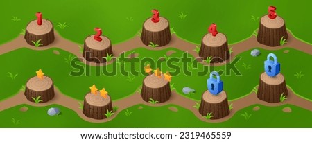 Game level indicator to select on map ui interface cartoon design. Isometric forest with wooden stump mark, number and star. Nature forest pointer and lock place. 2d progress selection template