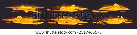 2d magic liquid volcano lava puddle cartoon vector set. Isolated orange magma flame motion for hell in mobile game environment. Molten metal foundry burst explosion texture. Ui png texture clipart