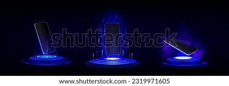 3d mobile phone mockup on podium. Futuristic background with tech stand with neon light and hologram of smartphone. Platforms with blue rays and devices, vector realistic set