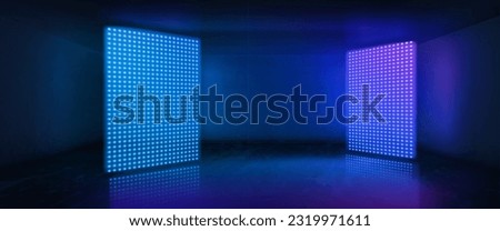 Neon room with led light stage vector background. Dark abstract studio with screen night scene. Empty television hall for dance party or concert. 3d blue showroom interior for casino game design