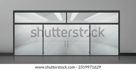 3d front glass window and door in store mockup. Realistic empty office or storefront showroom boutique building facade with light from lamp. Vitrine with reflection in supermarket illustration