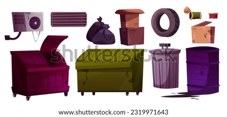 Cartoon set of garbage and waste containers on white background. Vector illustration of old air conditioner, ventilation grate, carton boxes, plastic bags full of trash, dustbins. Backstreet elements