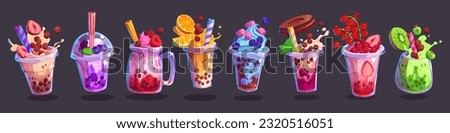 Cartoon set of bubble tea cups isolated on black background. Vector illustration of appetizing fruit, berry, chocolate, milkshake cocktails, boba drinks, summer cafe ice menu, trendy japanese beverage