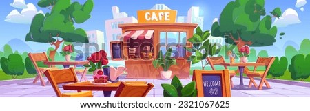 Outdoor cafe booth with table on street scene cartoon illustration. Outside restaurant in park and urban landscape. Cafeteria business with coffee and striped canopy exterior. Lounge area to drink and