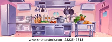 Restaurant kitchen interior for chef cook cartoon vector illustration. Commercial hotel industry modern furniture for food preparation and serving. Modern clean catering equipment in cafeteria