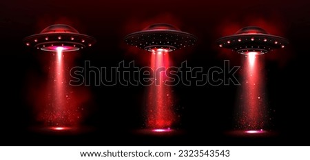 Realistic set of UFOs with red light and smoke portals isolated on black background. Vector illustration of flying saucers glowing in darkness, space vehicle takeoff, alien abduction, planet invasion