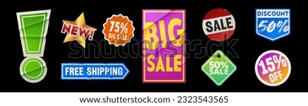 Colorful set of sale stickers isolated on black background. Vector realistic illustration of wrinkled exclamation mark, star, round, rectange, rhombus shape discount, price off, free shipping offer