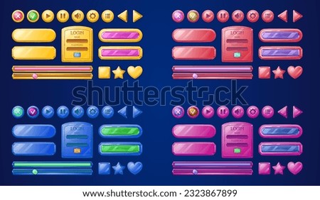 Play game interface button ui icon vector design. Cartoon frame for video music player app. Gui user board elements for navigation in pink, blue and gold. Signboard asset with gem for website banner