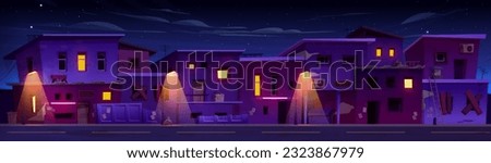 Night ghetto street district with poor house vector neighborhood illustration. Slum africa building near road. Poverty cityscape in india and disaster illegal architecture. Neon lamp light on wall
