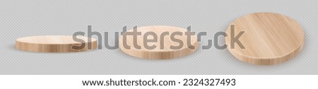 Realistic set of round wooden boards isolated on transparent background. Vector illustration of natural oak, pine, poplar circle wood platform top and side view. Podium for product show. Design sample