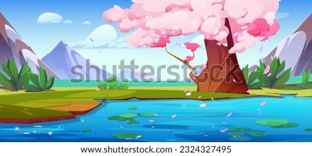 Mountain lake with old sakura tree on bank. Vector cartoon illustration of asian natural background, pink cherry blossom petals flying in air above blue river water. Spring Japanese park, birds in sky