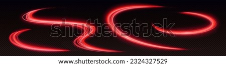 Realistic set of neon red waves isolated on transparent background. Vector illustration of highway traffic speed effect, luminous light trail, curve lines, magic energy stream glowing in darkness