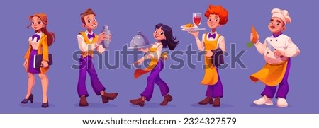 Restaurant chef with hat vector illustration set. Cook profession people with waiter and chief in cafe uniform isolated icon design. Hospitality female hotel manager and waitress with cloche meal