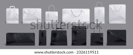White and black paper bag and handle vector mockup. Shopping package mock up to carry food front view icon merchandising design collection. 3d retail reusable branding merchandise illustration
