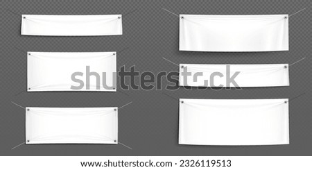 White realistic hang blank fabric horizontal canvas banner sign vector on rope for advertising. 3d empty textile material poster mockup set isolated on transparent background. Hanging cloth signboard